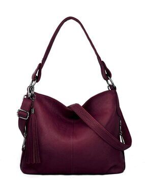 Women's Wine Red Genuine Leather Bag Slouchy Purse Crossbody Bag Zipper Pocket
